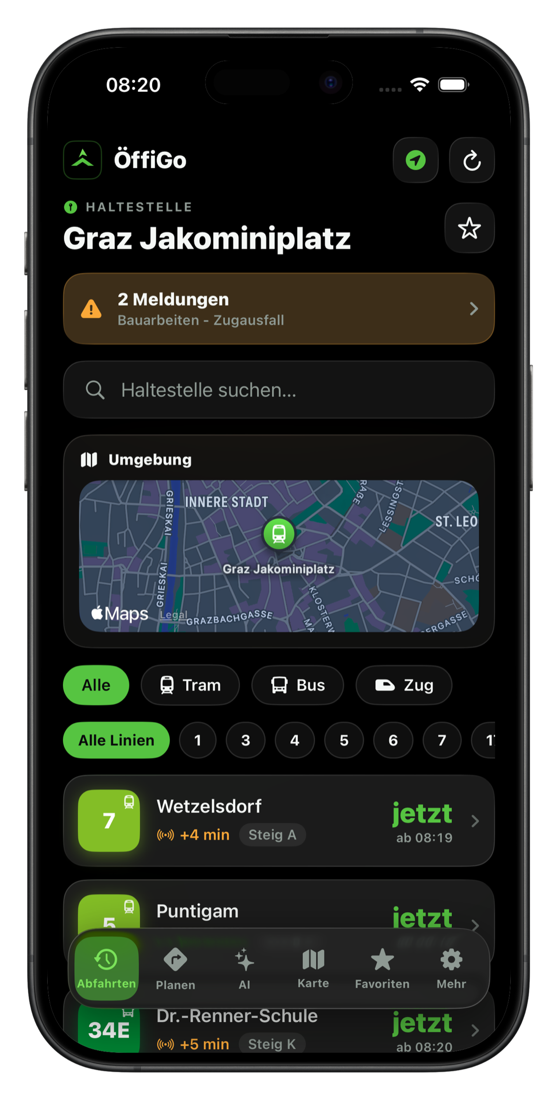 ÖffiGo auf dem iPhone: Abfahrten an der Haltestelle Graz Jakominiplatz mit Linie, Ziel, Steig und Verspätung.