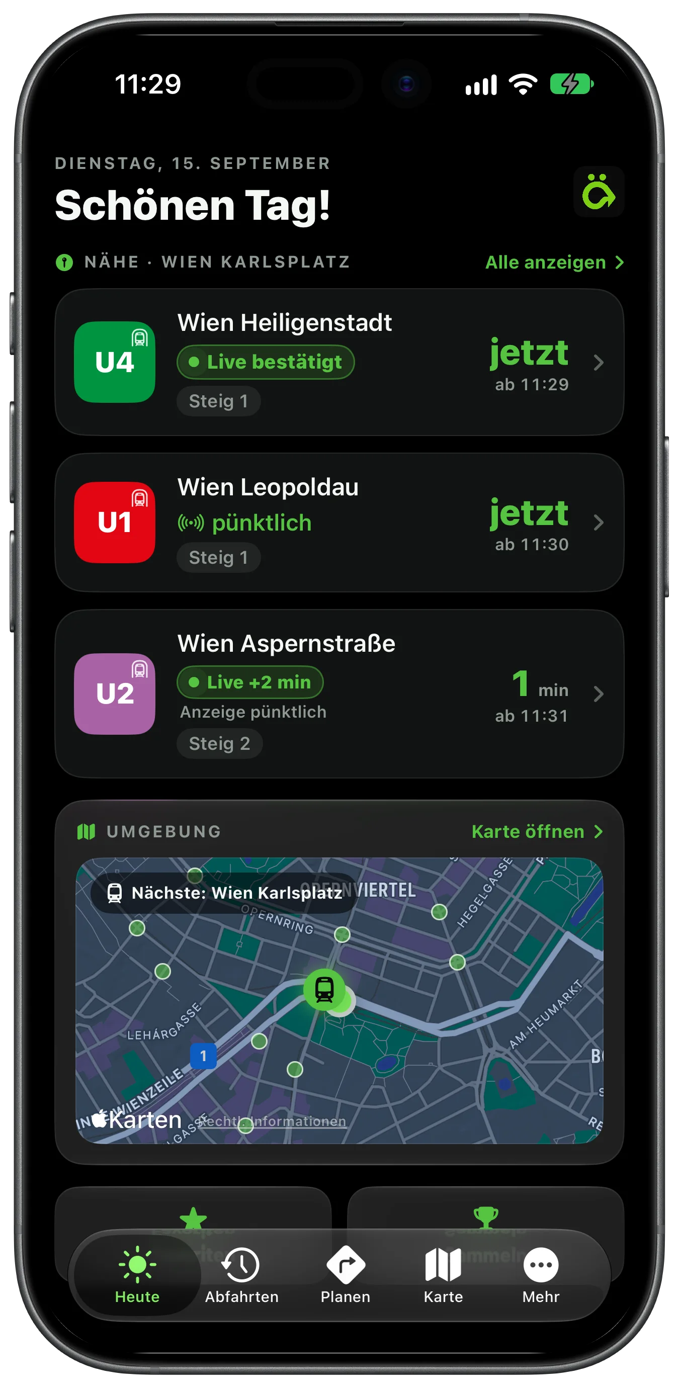 Echtzeit-Abfahrten in ÖffiGo bei Wien Karlsplatz: die U4 mit Live bestätigt, die U1 pünktlich und die U2 nach Aspernstraße mit eigener Live-Messung plus zwei Minuten, darunter die Anzeige des Betreibers: pünktlich.