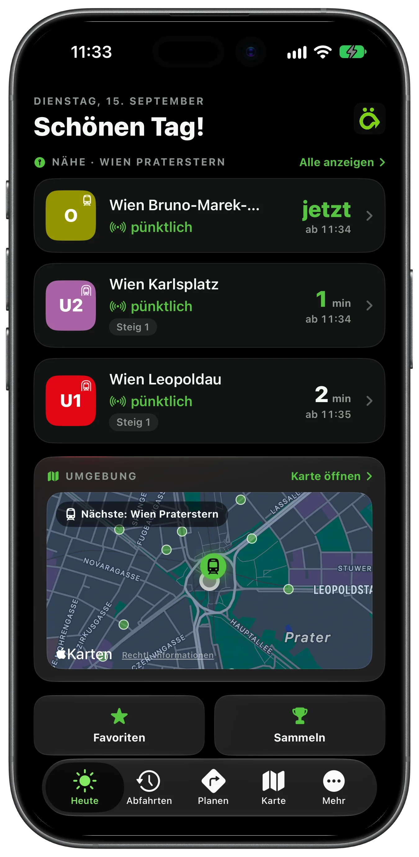 Startbildschirm der Öffi-App ÖffiGo: die nächsten Abfahrten bei Wien Praterstern mit Straßenbahn O, U-Bahn U2 und U1, darunter die Umgebungskarte und die Favoriten.