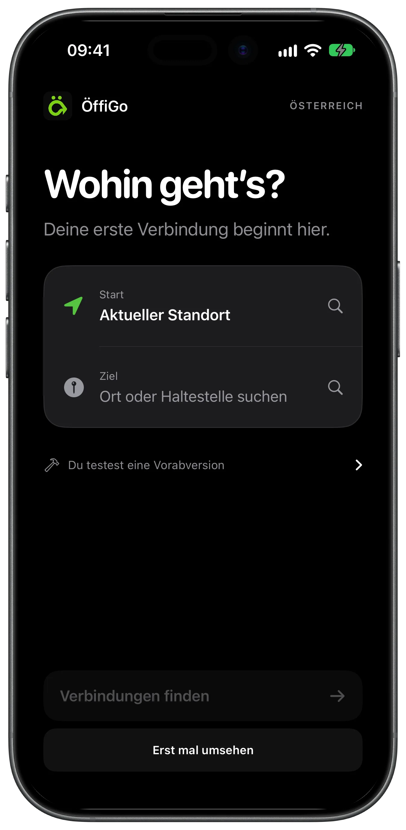 Verbindungssuche in ÖffiGo: Start ist der aktuelle Standort, Ziel ein Ort oder eine Haltestelle, darunter der Knopf Verbindungen finden.